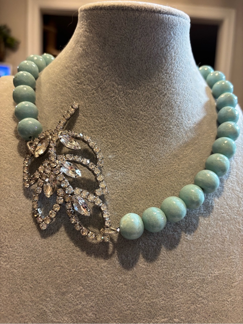Handmade Light Aqua Beaded Necklace with vintage repurposed brooch pendant
